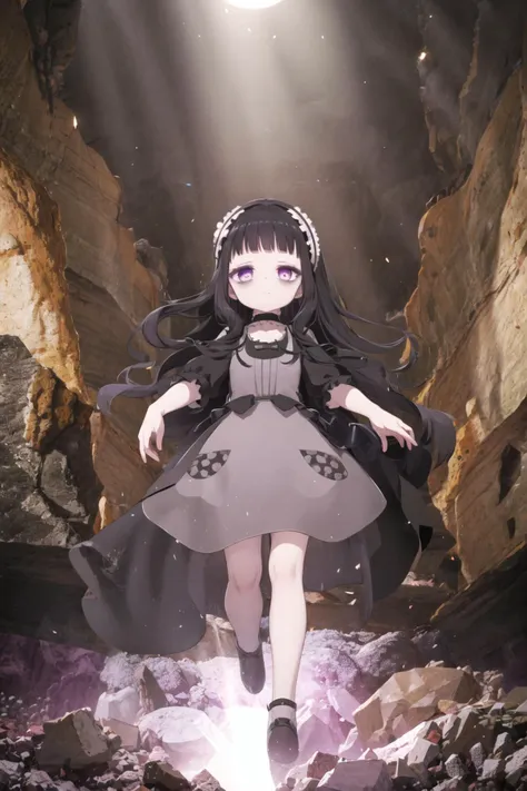 <lora:hardgore2:1.0>, hardgore alice, hairband, bags under eyes, purple eyes, black hair, black dress, <lora:Cave-10:0.8>, (cave interior:1.2), rock, gem