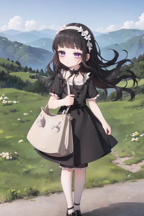 anime girl with long black hair and a white purse walking down a path