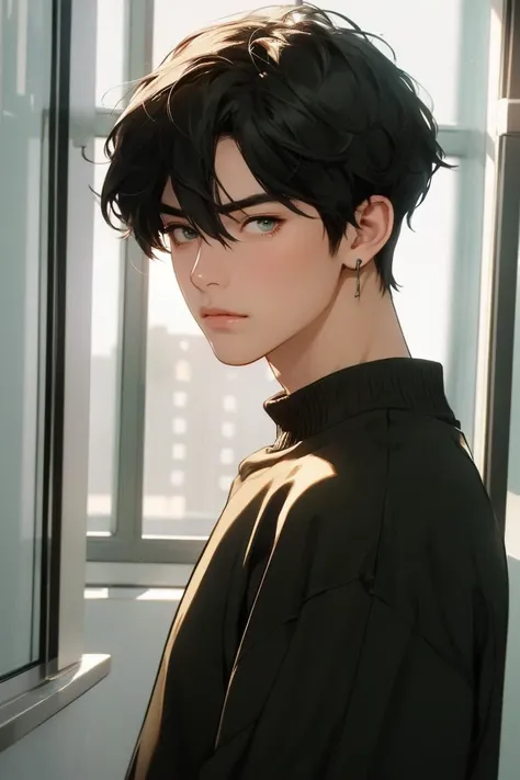 a close up of a person with a black hair and a black shirt