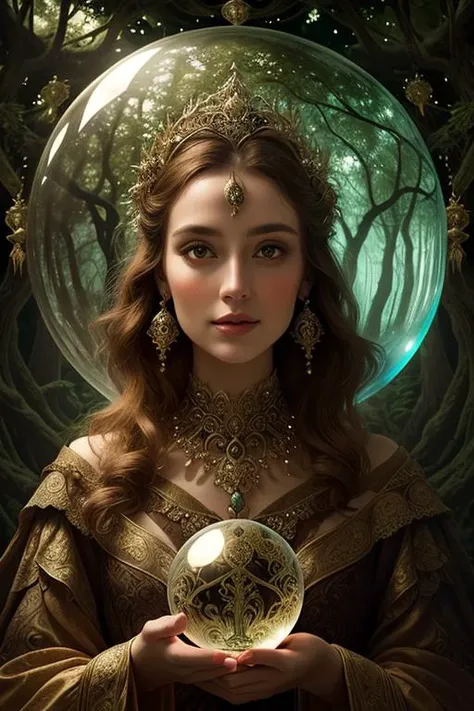 woman in a mythical forest, masterpiece, perfect face, intricate details, horror theme <lora:Orbs-V1:1> orb, crystal ball