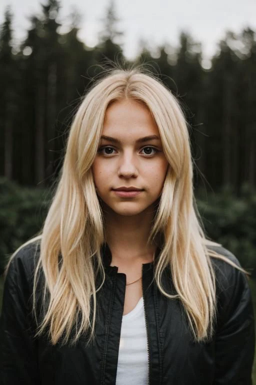 a woman with blonde hair and a black jacket standing in front of trees