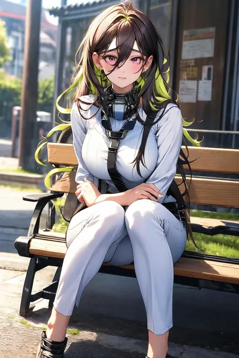 there is a woman sitting on a bench with green hair