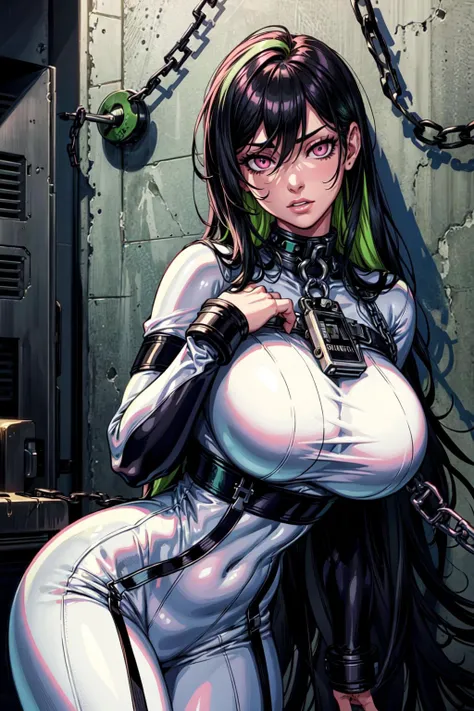 thick outlines, comics, photorealistic, perfect hands, masterpiece:1.2, jail, detention center, 1girl, solo, thin, <lora:guilty-nikke-richy-v5:0.5>, guilty (nikke), white bodysuit, straitjacket, chains, handcuffs, collar, two-tone hair, green and black hai...