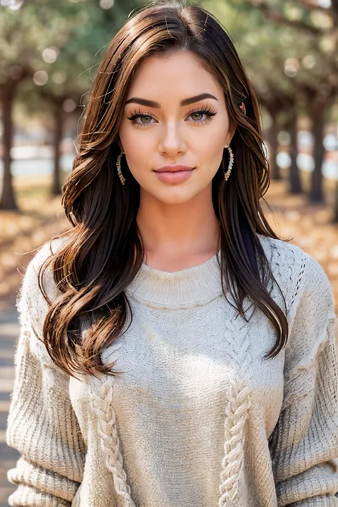 S418_JessicaWilde, long hair, smiling, modern photo, (wearing edgPO pullover, edgPO), <lora:edgPullovers:1>, (wearing leggings), walking in the park, calm atmosphere, (35mm, F/2.8) Photo Focus, DOF, Aperture, insanely detailed and intricate, character, hyp...