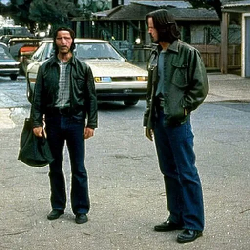 two men standing on the side of a road talking to each other