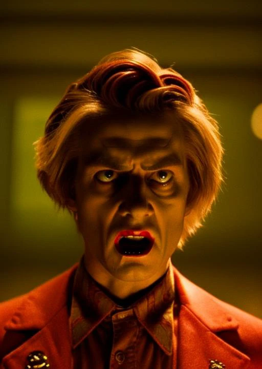 (35mmstyle:1) artstyle close up portrait 35mm film still of A Angry Vampire with sharp teeth in a Haunted Mansion, Dark, spooky, trippy, nighttime, epic film still, depth of field, epic, 4K