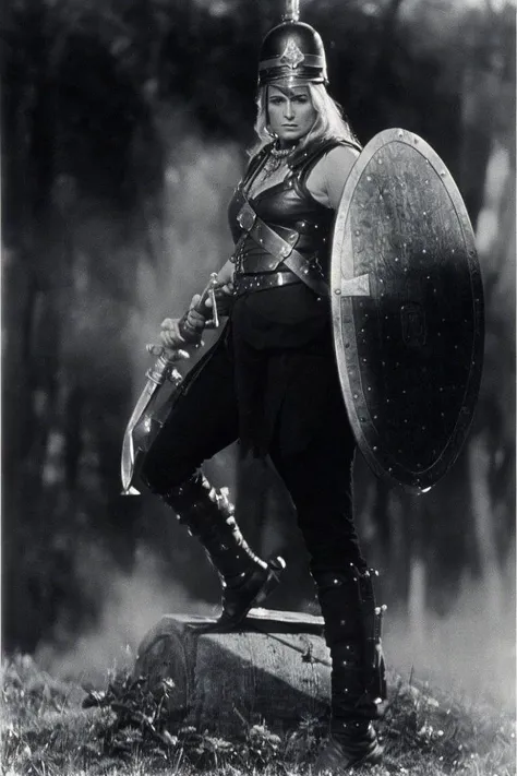 Sks woman with sword and shield,1970s sword-and-sorcery movie still,<lora:locon_salma_v1_from_v1_64_32:1>,35mmstyle,forest background
