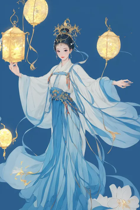 A girl, blue dress, standing, facing, full length, in front, holding a lantern in one hand. <lora:guofeng02meizia:0.8>