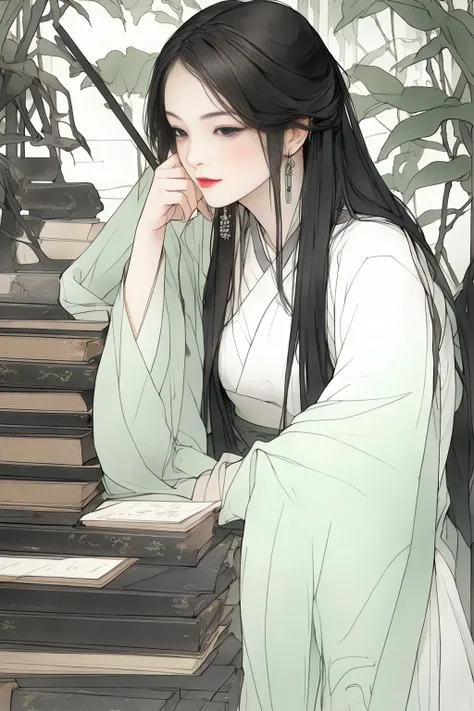 A girl, light white and green dress, half seated, sitting, one arm resting on her chin, one arm hanging down, half reclining, <lora:guofeng02meizia:0.8>