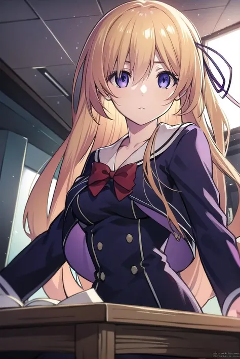 nonokurusu, <lyco:nonokurusu-LYCORIStest:1>,
nono kurusu, long hair, blonde hair, (purple eyes:1.5), hair ribbon,
BREAK dress, ribbon, school uniform,
BREAK looking at viewer, hands behind head,
BREAK indoors, classroom,
BREAK <lora:GoodHands-vanilla:1>, (...