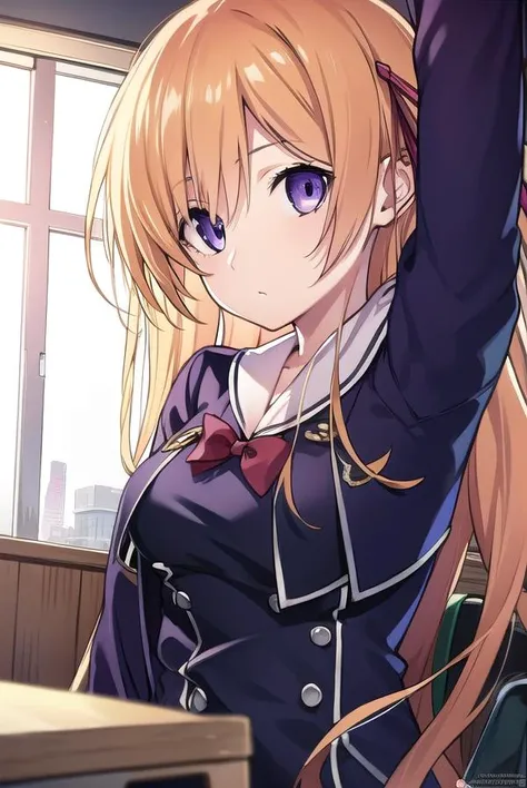 nonokurusu, <lyco:nonokurusu-LYCORIStest:1>,
nono kurusu, long hair, blonde hair, (purple eyes:1.5), hair ribbon,
BREAK dress, ribbon, school uniform,
BREAK looking at viewer, hands behind head,
BREAK indoors, classroom,
BREAK <lora:GoodHands-vanilla:1>, (...