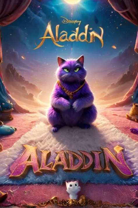 Aladdin text logo:1.9 <lora:Harrlogos_v2.0:1.9>, (full body), (Aladdin movie splash screen, fluffy fat cat dressed as the main character of the movie, sitting in an embrace with a kitty, on a carpet), purple and blue and pink colors predominate, hyper-deta...