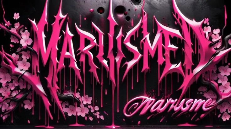 ((logo of the english text Marusame)),red,black,splattered,pink,cherry blossoms,neon style,<lora:Harrlogos:1>,metal,dripping,