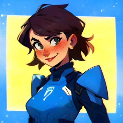 fashion illustration style, beautiful woman, Center part hair style, Caramel hair colour, freckles, 27 years old, Jovial , looking at the viewer, wearing a Indigo Space armor , medium breasts, tight body, Low key framing, <lora:CuteWebComic:1>,