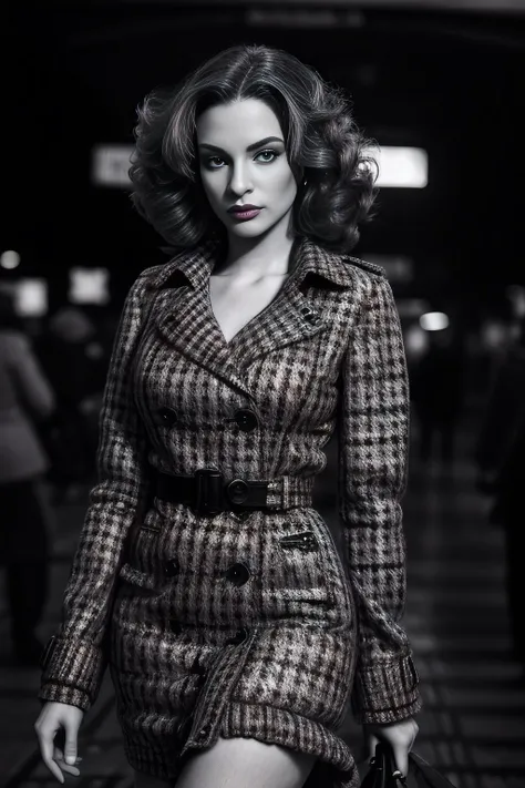 <lora:4sh13y_25A-final:0.9>,a vintage black and white photograph of beautiful (4sh13y:1.1) woman,as a secret agent during WWII,wearing a trench coat over her (tweed dress:1.2),bright red lipstick,perfect hair,standing on railway platform at (Paddington Sta...