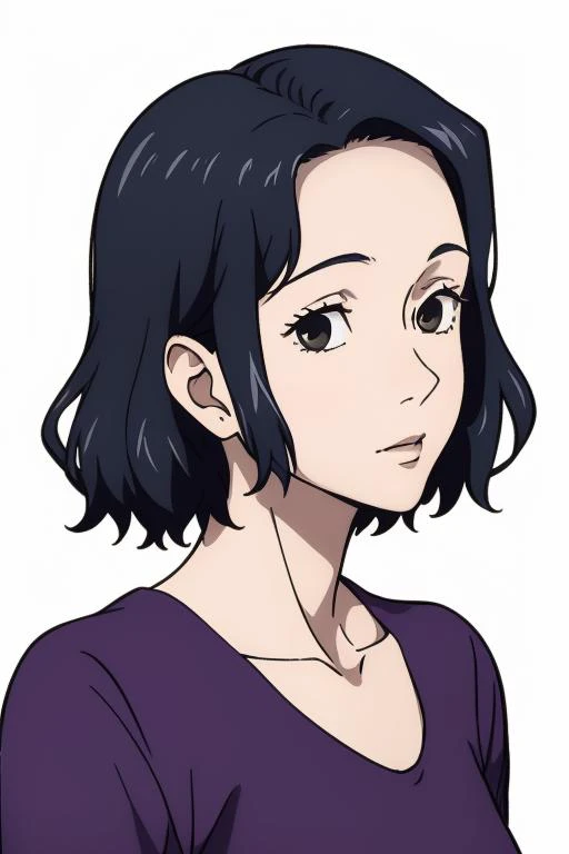 a woman with black hair and a purple shirt looks at the camera