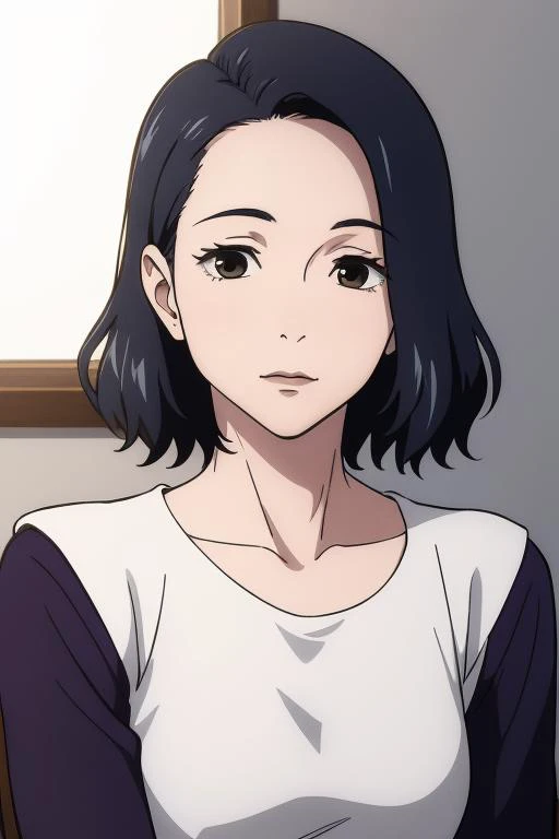 a woman with black hair and a white shirt is looking at the camera