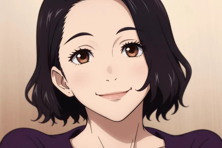 anime girl with black hair and brown eyes smiling at the camera