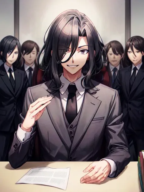 anime image of a man in a suit and tie standing in front of a group of people