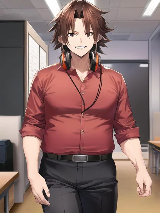 a man in a red shirt and black pants standing in an office