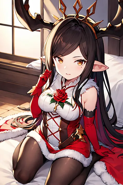 anime girl with horns and a red dress sitting on a bed