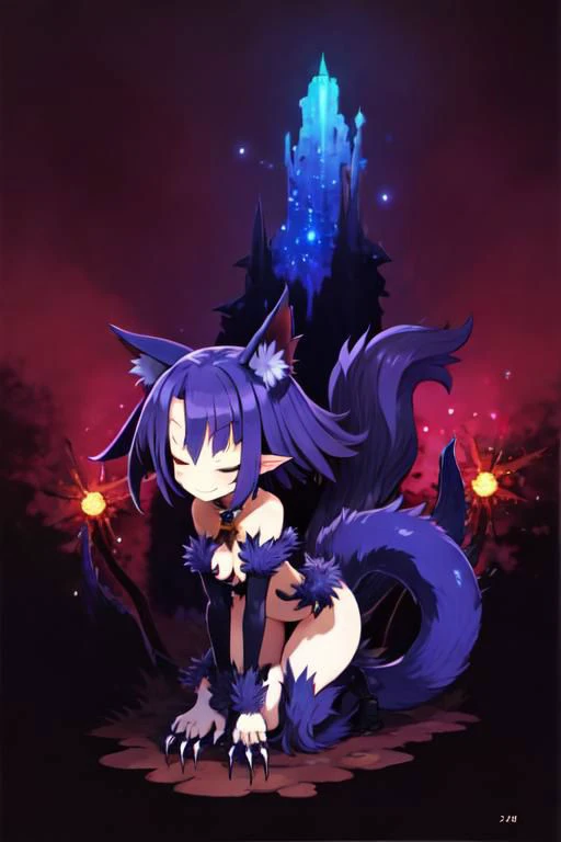 (solo:1.1), masterpiece, absurdres, highres, (Werewolf (monster girl encyclopedia), claws, fang, fur trim, monster girl, wolf ears, wolf girl, wolf tail:1.2), all fours, (closed eyes smile:1.1), medium breasts, (beautiful detailed face:1.1), messy hair, ju...