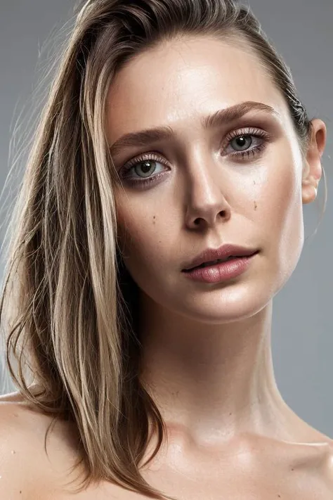 portrait of young sks woman, topless, slick hair, oiled skin, grey background, (tilted angle shot:1.0), tilted pose,
<lora:CR-ElizabethOlsen_v1-malcolmrey:1.0>