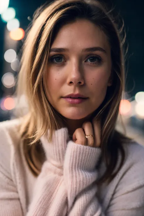 <lora:locon_elizabetholsen_v1_from_v1_64_32:1>a photo of sks woman,cinematic,Canon powershot , bokeh,filmic grain,motion blur,soft lighting ,neon lights,uhd,8k,ultrasharp,masterpiece,city street,nighttime,wearing a sweater,low brightness,dimly lit