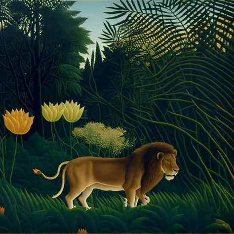 a lion stalking prey in a forest of flowers and plants, by henri rousseau