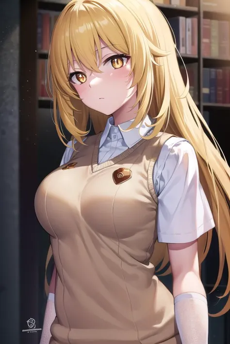 misakishokuhou, <lyco:misakishokuhou-lyco-nochekaiser:1>, 
misaki shokuhou, blonde hair, hair between eyes, long hair, (symbol-shaped pupils:1.5), (yellow eyes:1.5), + +,
BREAK elbow gloves, gloves, school uniform, short sleeves, summer uniform, sweater ve...