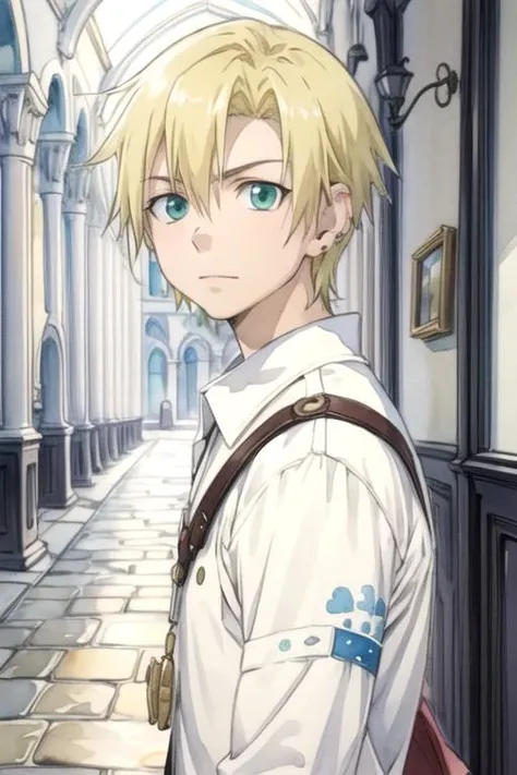 masterpiece, best quality, movie still, 1boy, solo, male focus, looking at viewer, , depth of field, (watercolor illustration, soft pastel colors:1.1), , <lora:hiro_soul_eater:0.68>, hiro_soul_eater, blonde hair, green eyes, , medieval europe, HD