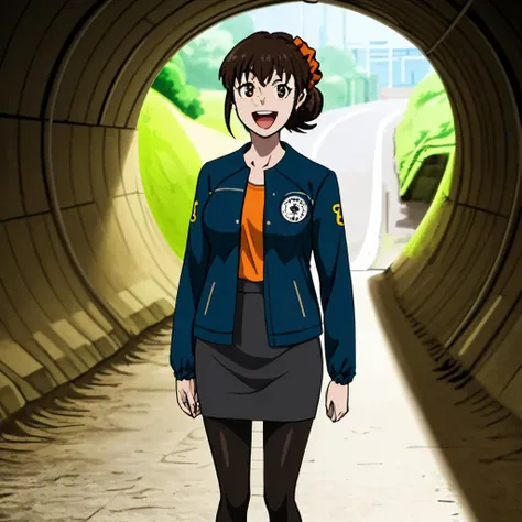 masterpiece,best quality,1girl, <lora:Shimotsuki_Mika:0.7>,Shimotsuki Mika, Scrunchie, braid,short hair,blue jacket, shirt, {pencil skirt, pantyhose| pants},standing,outdoors,in underground tunnel,happy,:d