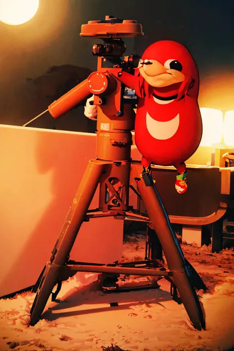 there is a red object on a tripod with a camera