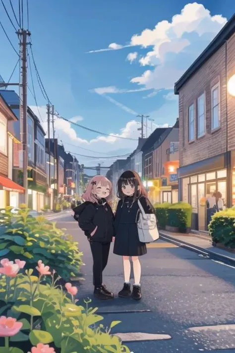 two girls standing in the middle of a street with flowers