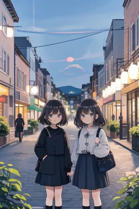 two girls standing in the middle of a street with lights on