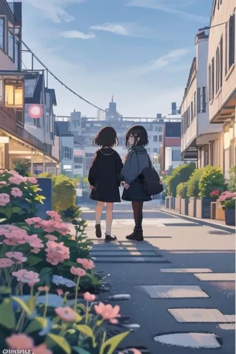 two girls are walking down a street with flowers in the foreground