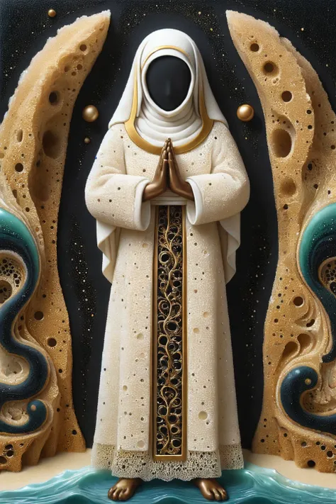 Surrealism xlmrblng15-1300 ral-ktchzpong black-tinted drawing, a coloured line drawing of a mature bronze-toned Kuwaiti android nun standing on a rock in an ocean, white filigree inlay, intricate, crisp lines <lora:ral-ktchzpong:1>