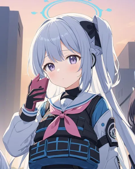 miyako (blue archive), holding_phone, pink_neckerchief, white_sailor_collar, halo, smartphone, closed_mouth, pink_gloves, black_undershirt, bulletproof_vest, black_bow, blush, long_sleeves, helmet, solo_focus, looking_at_viewer, tactical_clothes, hair_bow,...