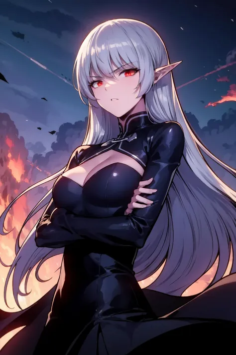 a woman in a black outfit with long white hair and red eyes