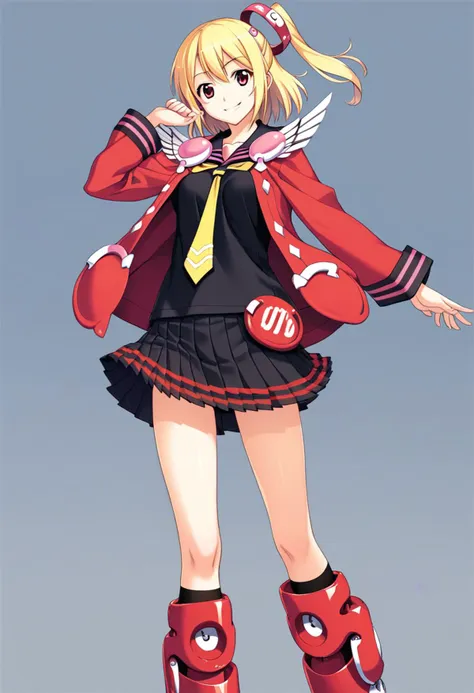 anime girl in a red jacket and black skirt with red boots