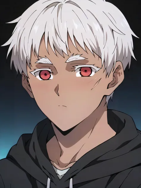 a close up of a person with white hair and red eyes