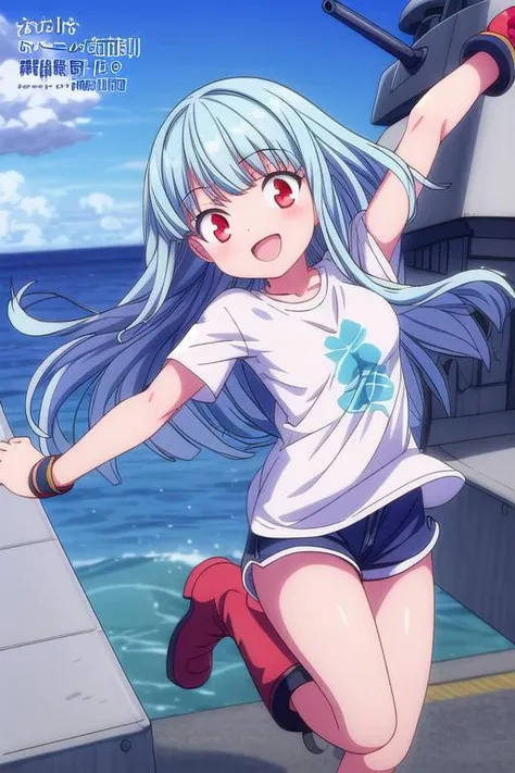 ultra-detailed,masterpiece,best quality,1girl,anime screencap<lora:gridman_offset:0.7>close up,outdoor,aircraft carrier deck,lightblue longhair,blunt bangs,red eyes,small breasts,happy,smile,dynamic pose,oversized t-shirt,text,navy short pants,ocher short ...