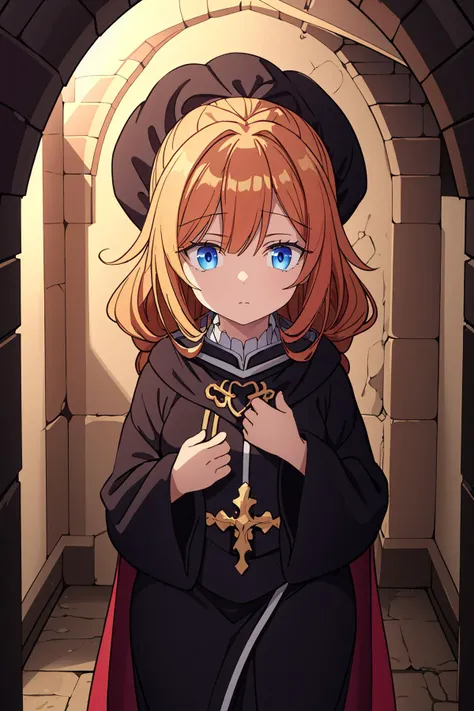 (best quality, highres, masterpiece:1.2), (industrial africa, african:1), (1girl, adult woman, gloomy face:1.1), (confident cleric, wearing cleric robes:1), (empty_eyes:1), (ginger_hair, long_hair, hair_up:1), (plump body:1), (underneath artistic cellar:1....