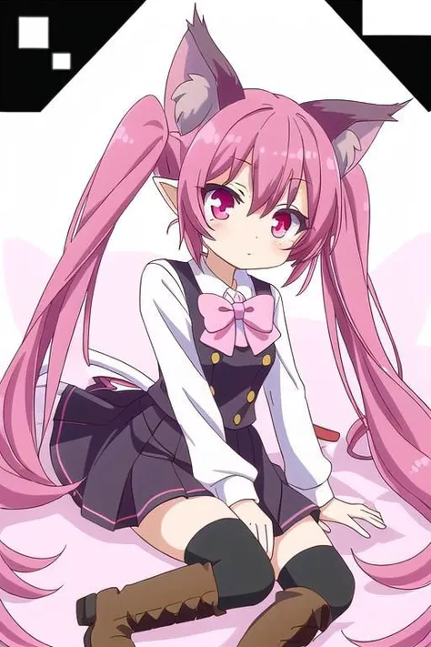 A succubus girl with pink twintails, cat ears, red eyes, white school uniform, over-the-knee socks, and brown boots, devil tail