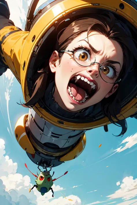 anime girl with glasses and a yellow helmet flying through the air