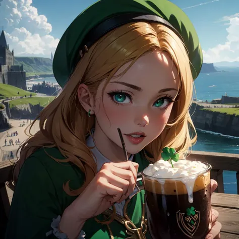 anime girl drinking a drink with a straw and a green hat