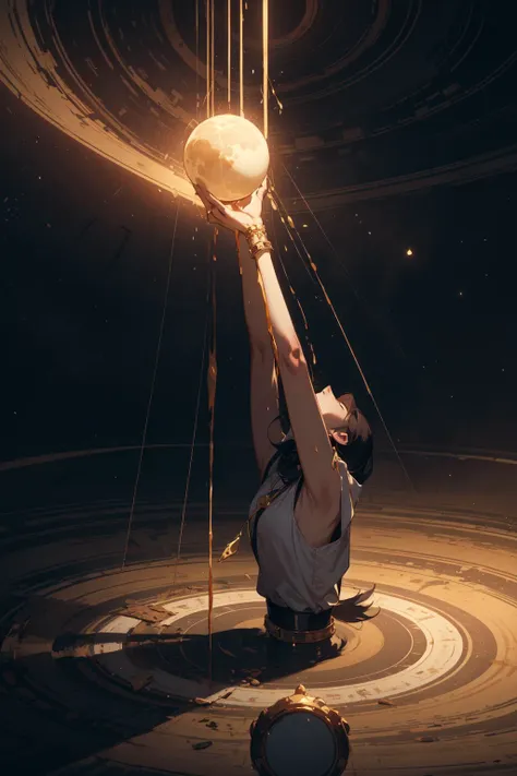 arafed man holding a golden ball in the air above a circular space