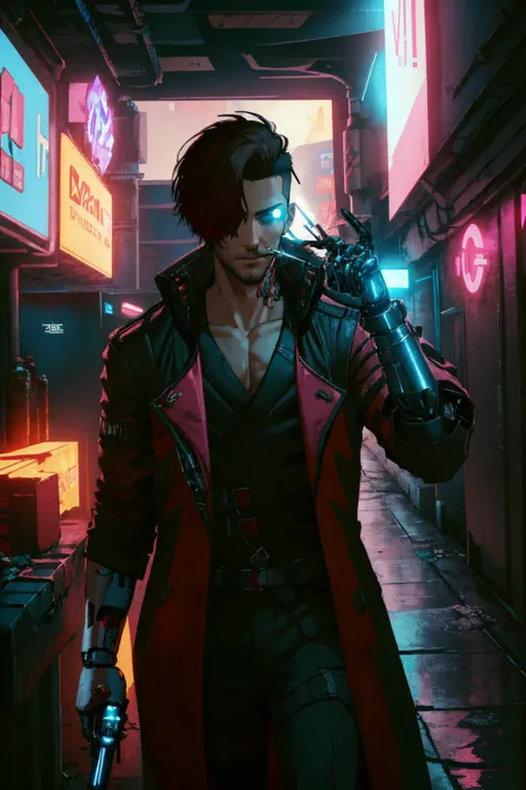 a man in a red coat holding a gun in a dark alley