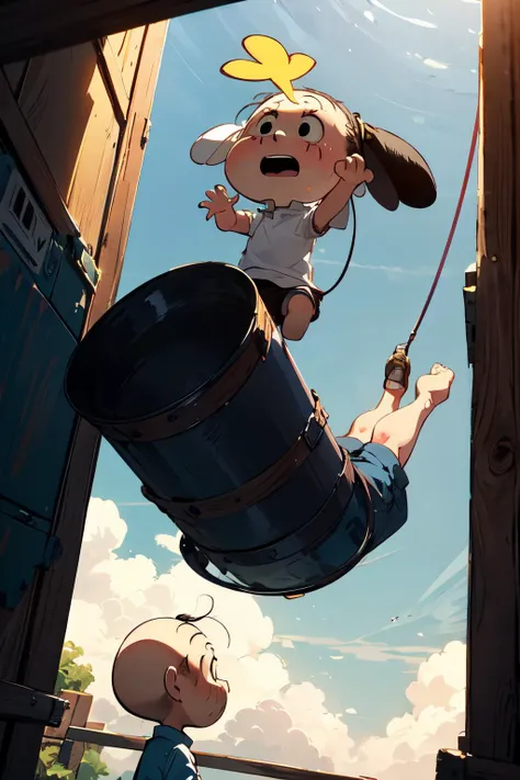 cartoon of a boy and girl hanging from a barrel in a barn