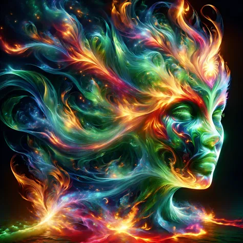 a woman with colorful hair and a face made of fire